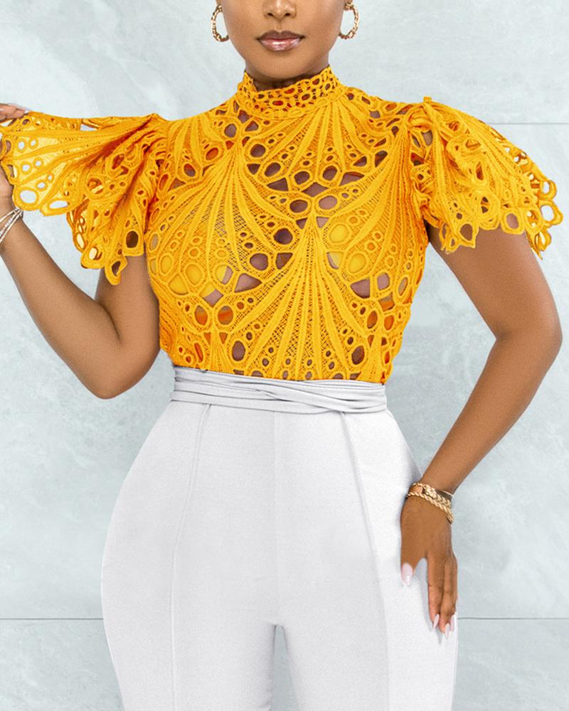 

Eyelet Embroidery Button Front Puff Sleeve Top, Yellow