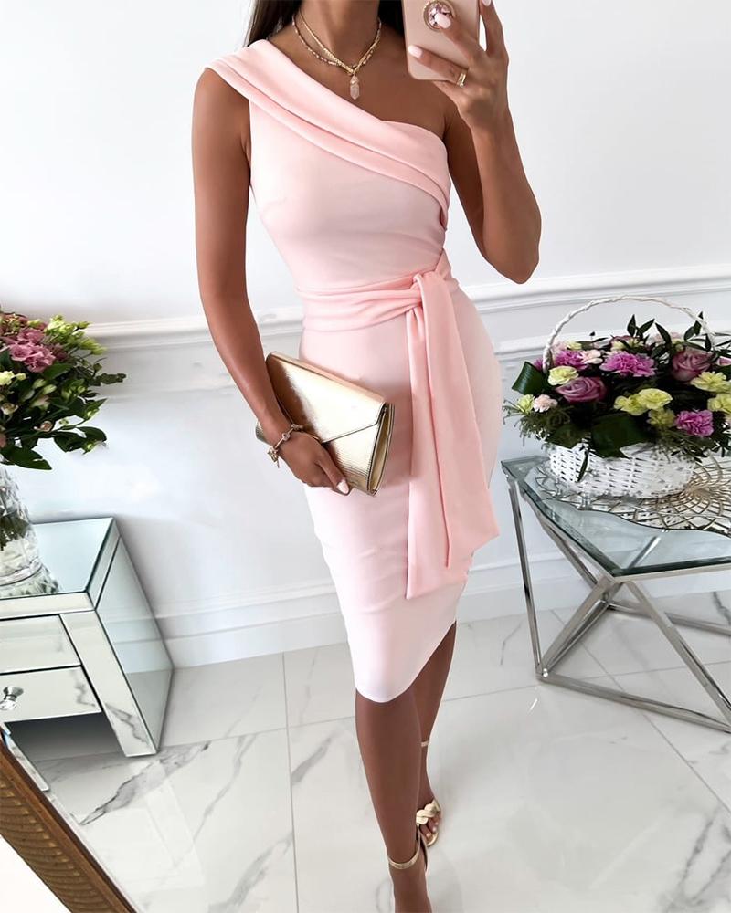 

One Shoulder Tied Detail Party Dress, Pink