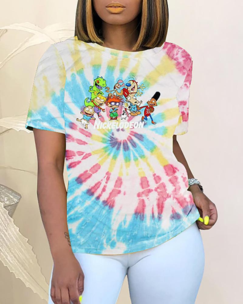 

Cartoon Figure Print Short Sleeve Casual T-Shirt, Light blue