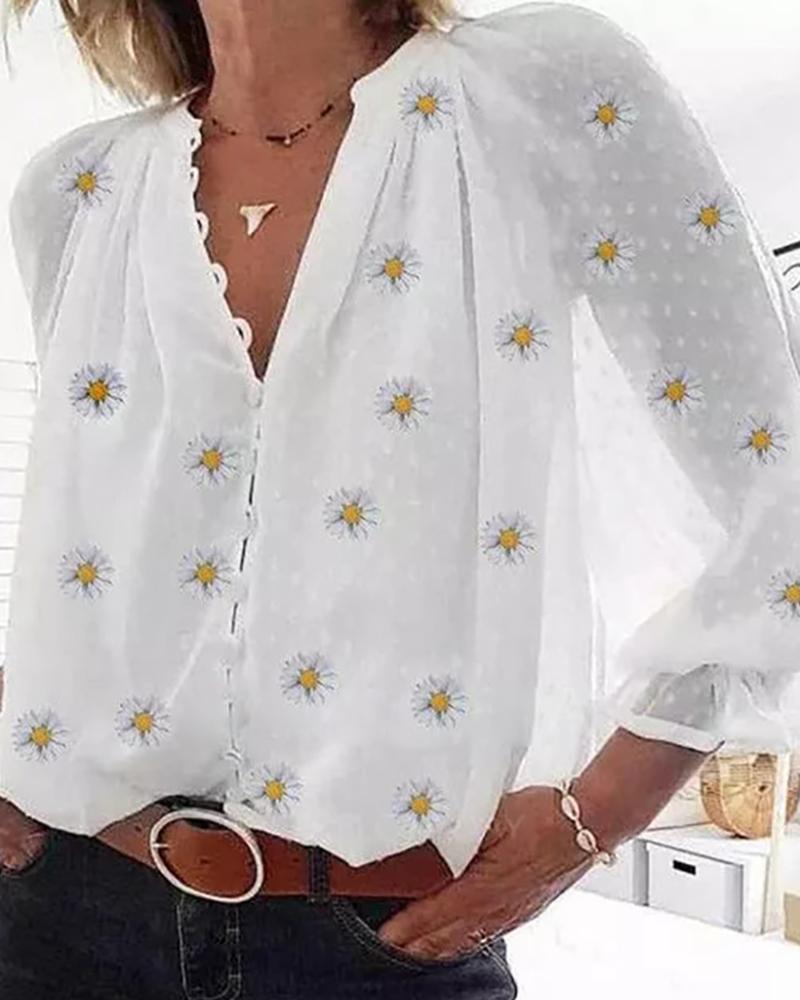 

Daisy Print Dot Mesh Button Front Shirt, White