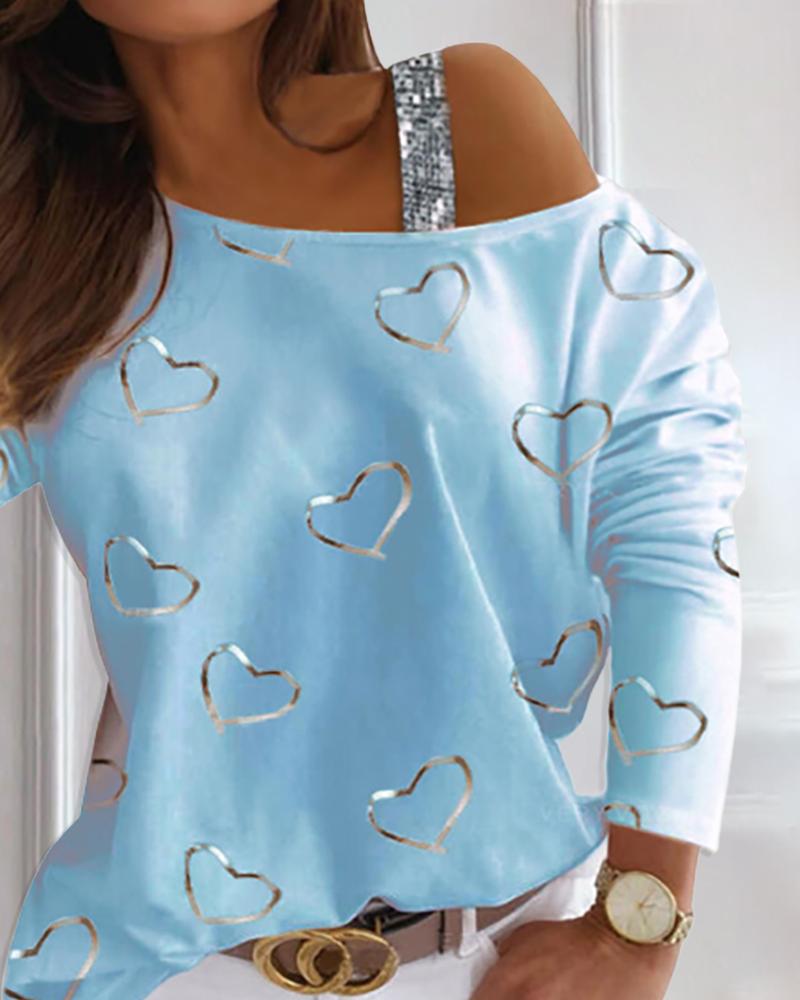 

Heart Pattern Sequins Cold Shoulder T-shirt, Blue