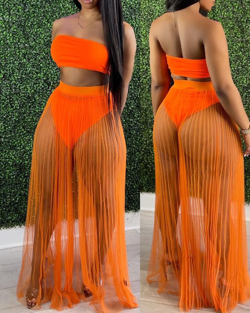

Bandeau Top & Sheer Mesh Ruched Skirt Set, Orange
