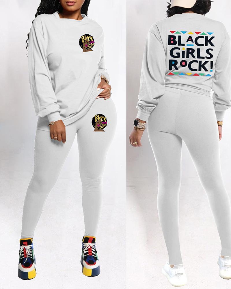 

Letter Print Long Sleeve Top & Pants Set, Light gray