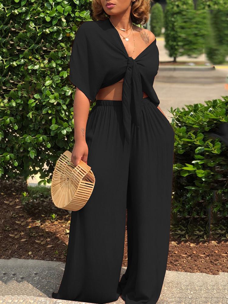 

Solid Knot Front Crop Top & Wide Leg Pants Sets, Black