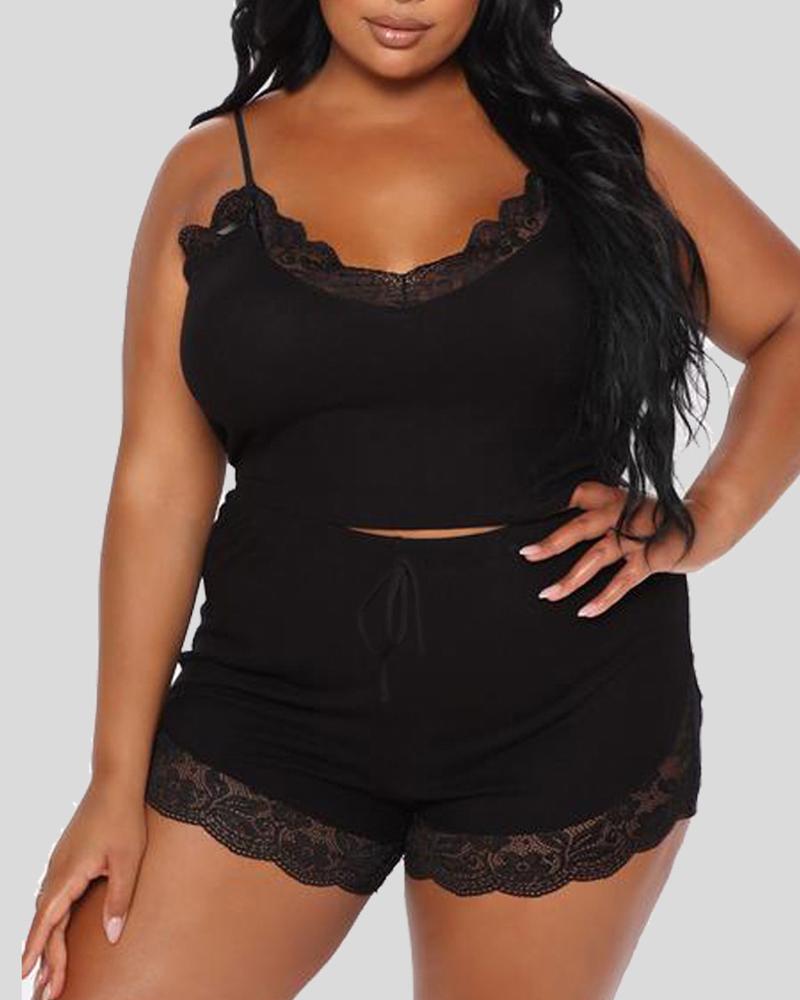 

Plus Size Split Joint Spaghetti Strap Two Pieces Cami Set, Black
