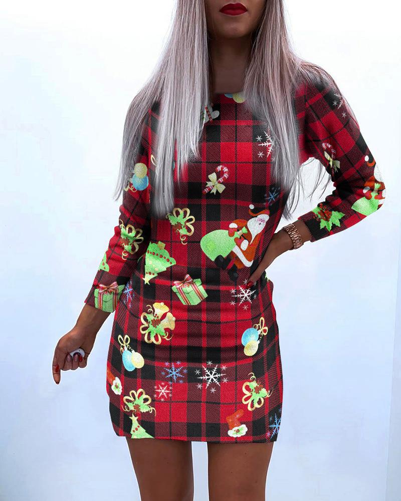 

Christmas Graphic Plaid Print Long Sleeve Bodycon Dress, Multicolor