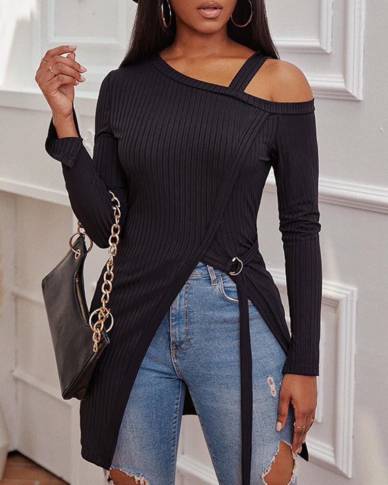 

Asymmetrical Neck High Slit Band Decor Top, Black