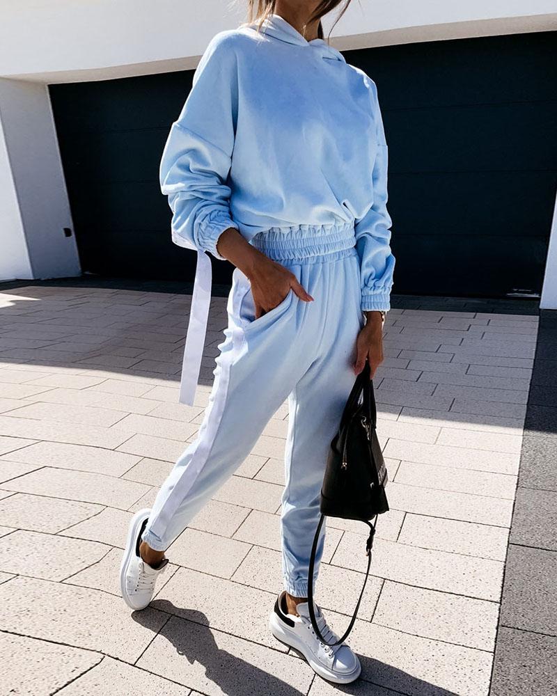 

Velvet Striped Tape Hooded Top & Pants Set, Blue