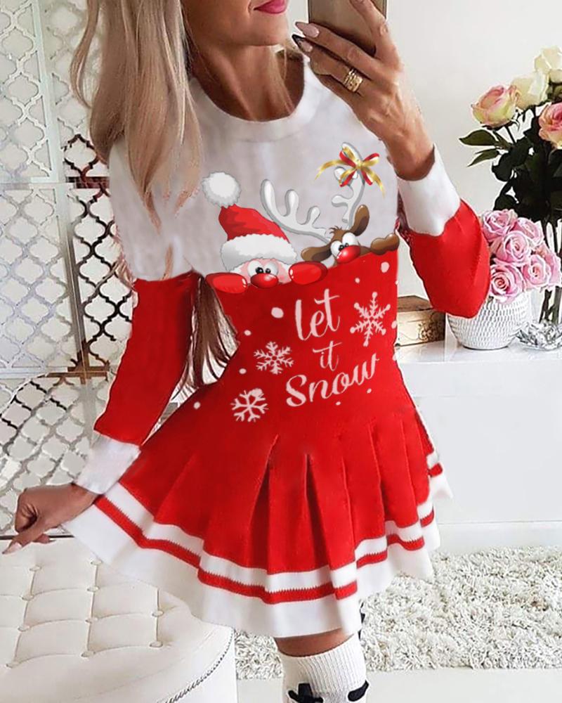 

Christmas Striped Mixed Print Pleated Dress, Red