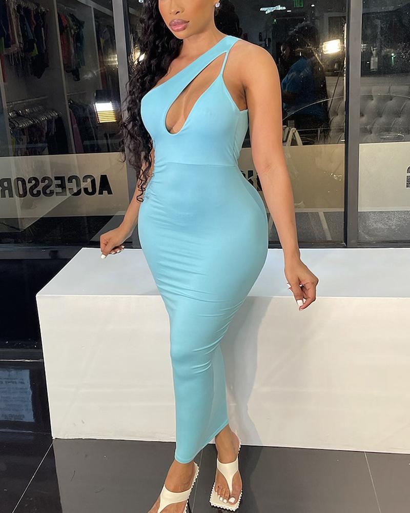 

Solid One Shoulder Cutout Bodycon Dress, Blue