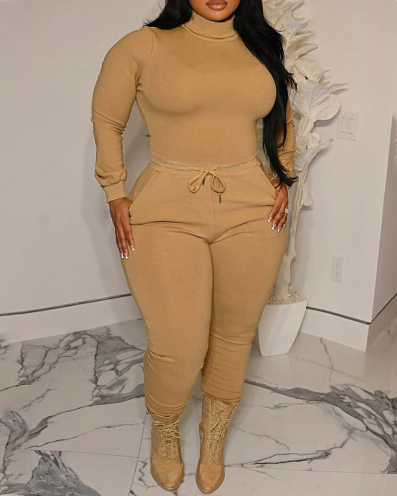 

Plus Size Long Sleeve Top & Drawstring Pants Set, Apricot