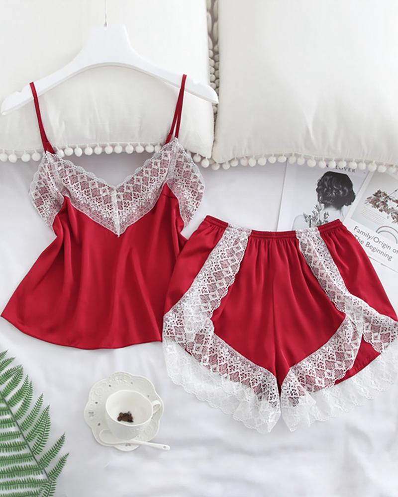 

Satin Crochet Lace Patch V Neck Cami Set, Wine red
