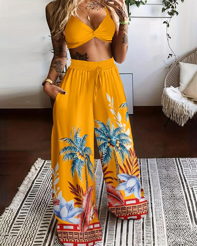 

Spaghetti Strap Twisted Crop Top & Tropical Print Pants Set, Yellow