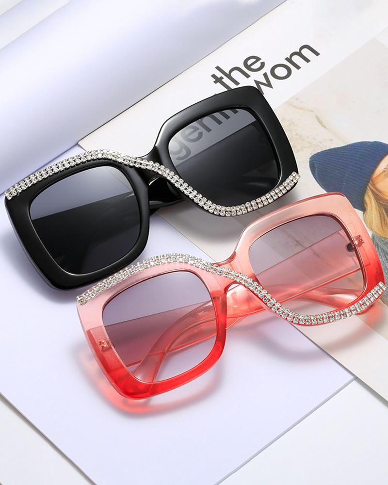 

1Pair Square Frame Rhinestone Sunglasses, Black