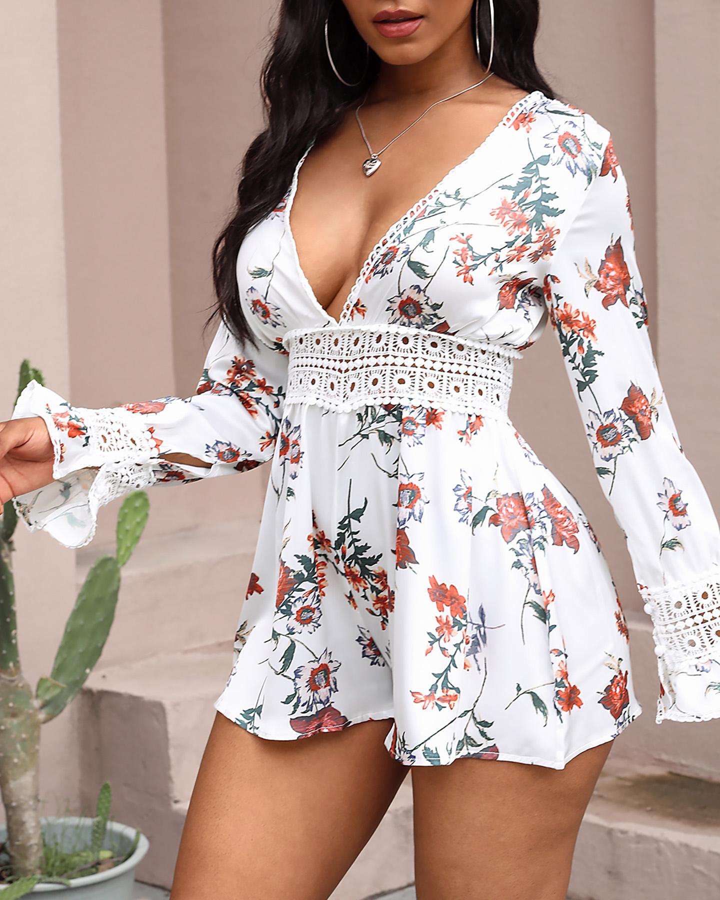 

Plunge Floral Print Hollow Out Backless Romper, White