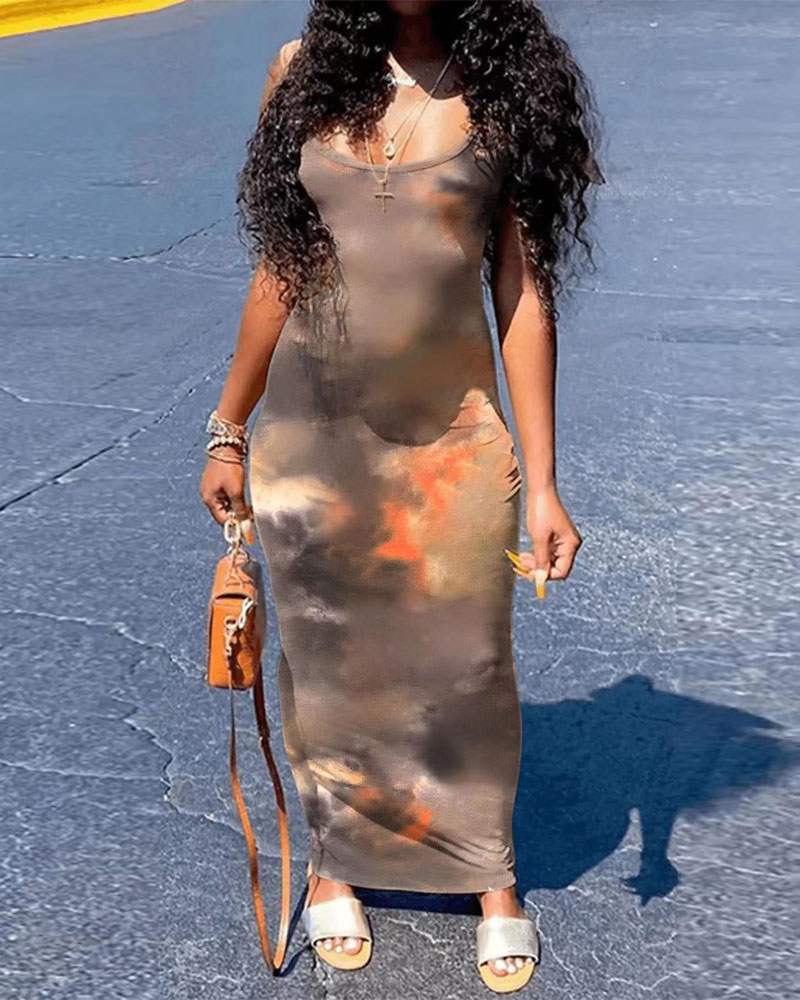 

Plus Size Tie Dye Print Spaghetti Strap Bodycon Dress, Gray