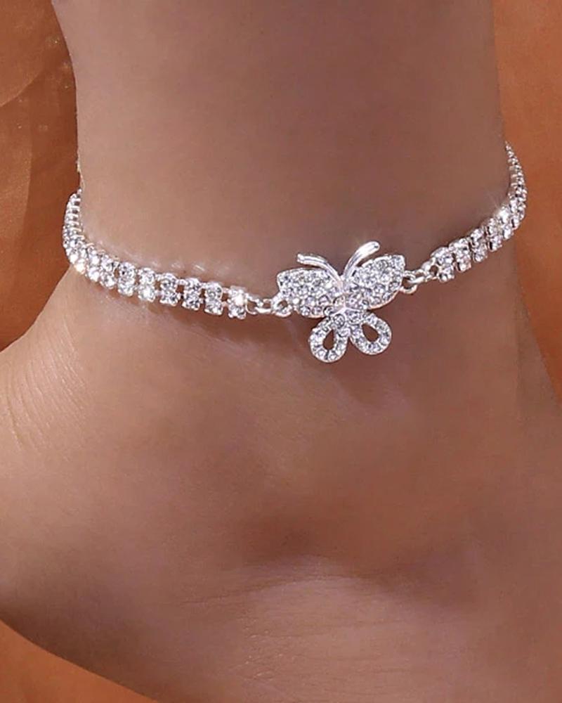 

1pc Rhinestone Butterfly Pattern Chain Anklet, Silver