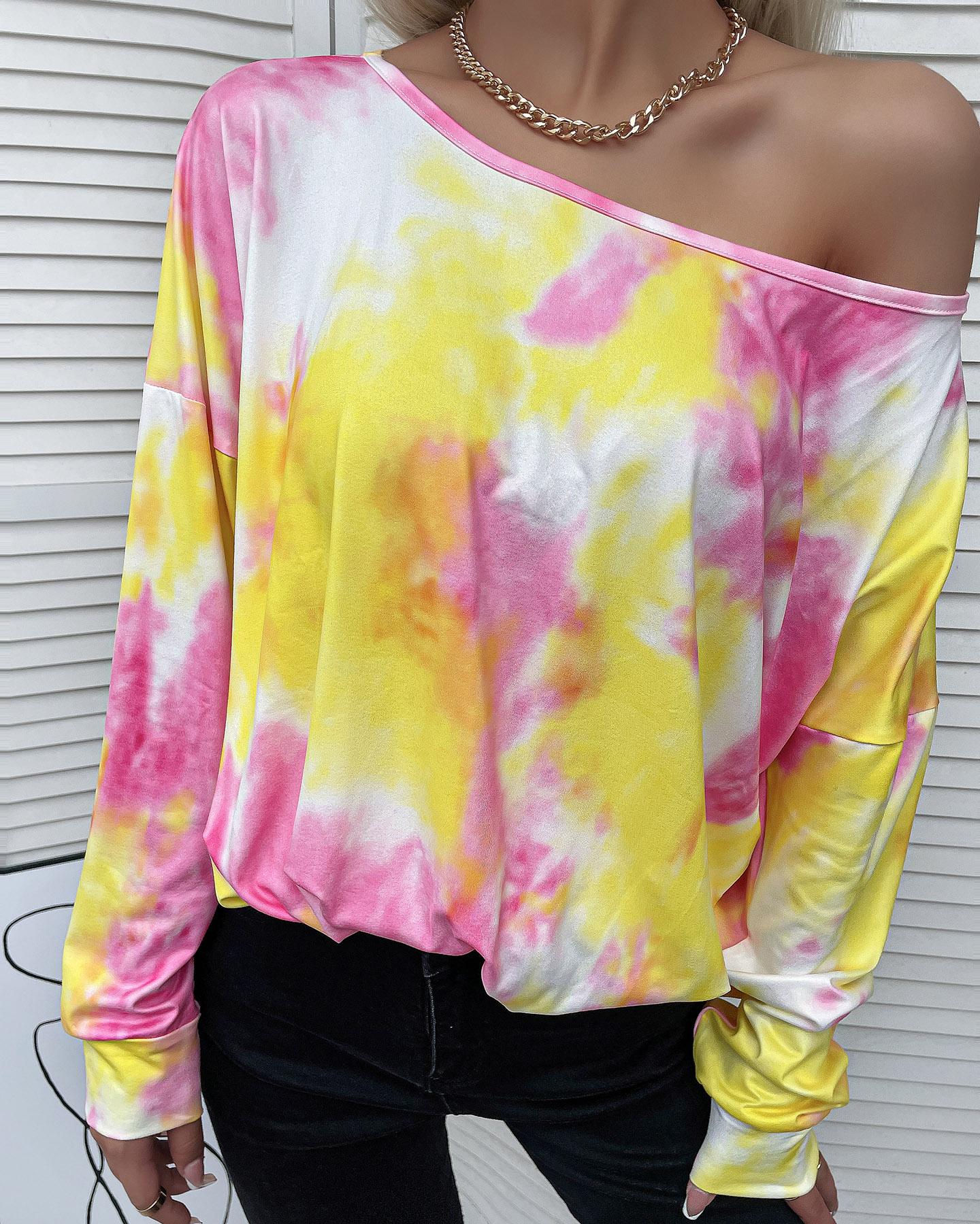 

Tie Dye Print Ruched Long Sleeve Top, Yellow