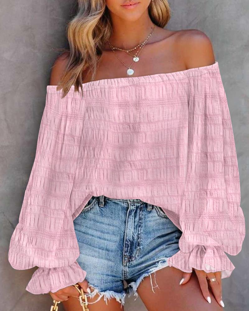 

Off Shoulder Lantern Sleeve Textured Top, Pink