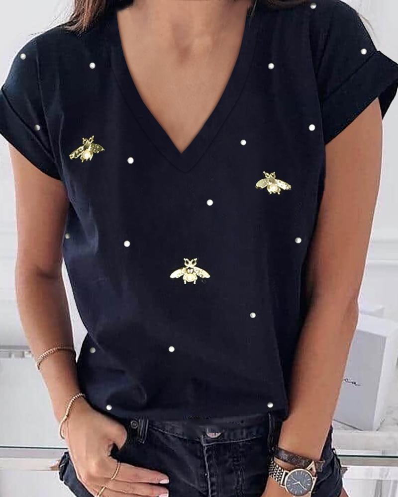 

Beaded Bees Pattern Casual T-shirt, Black