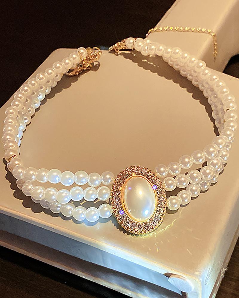 

Retro Multi Strand Faux Pearls Rhinestone Decor Choker, White