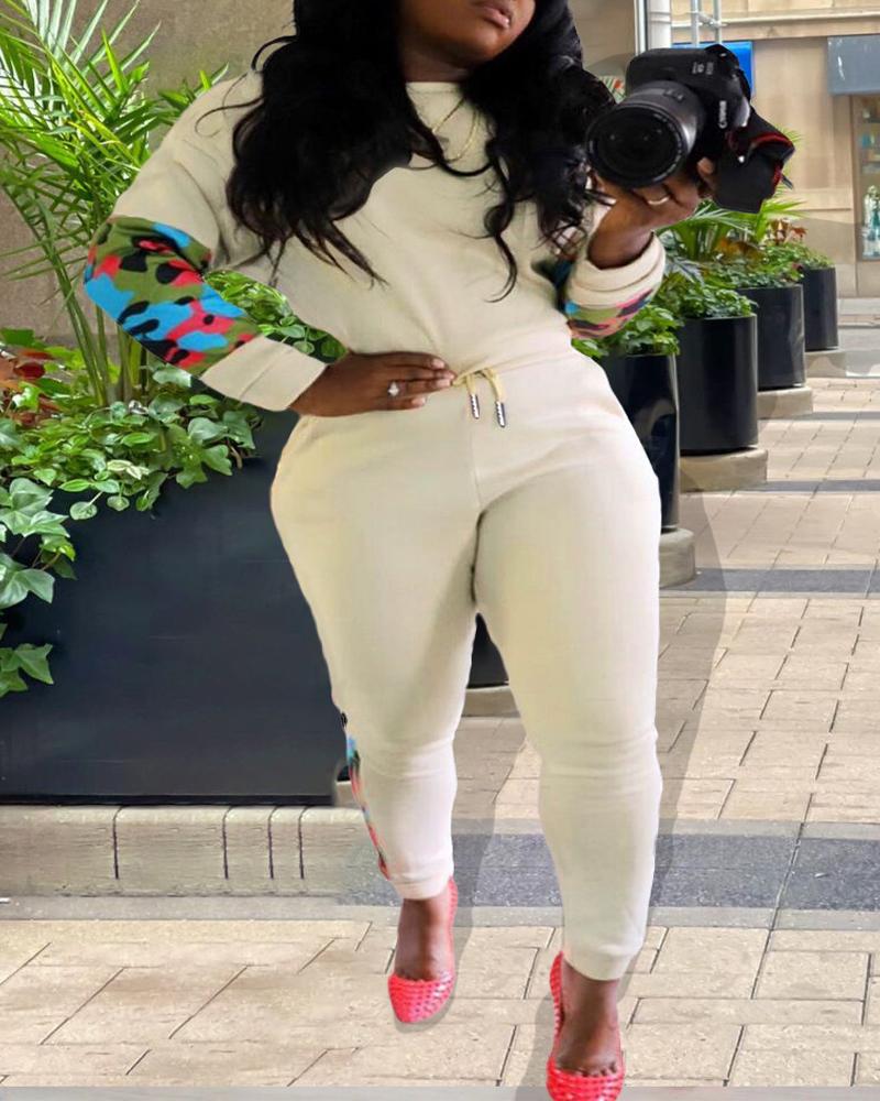 

Plus Size Contrast Camo Long Sleeve Top & Pants Set, White