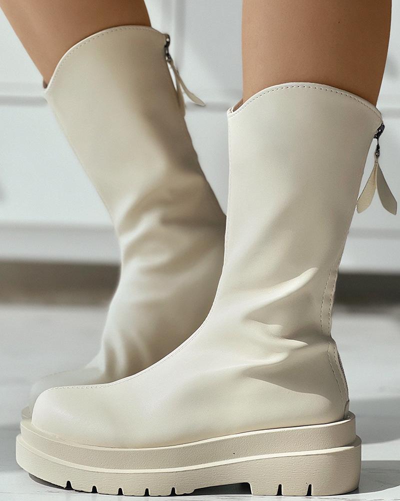 

Zipper Back Platform Ankle Boots, Beige