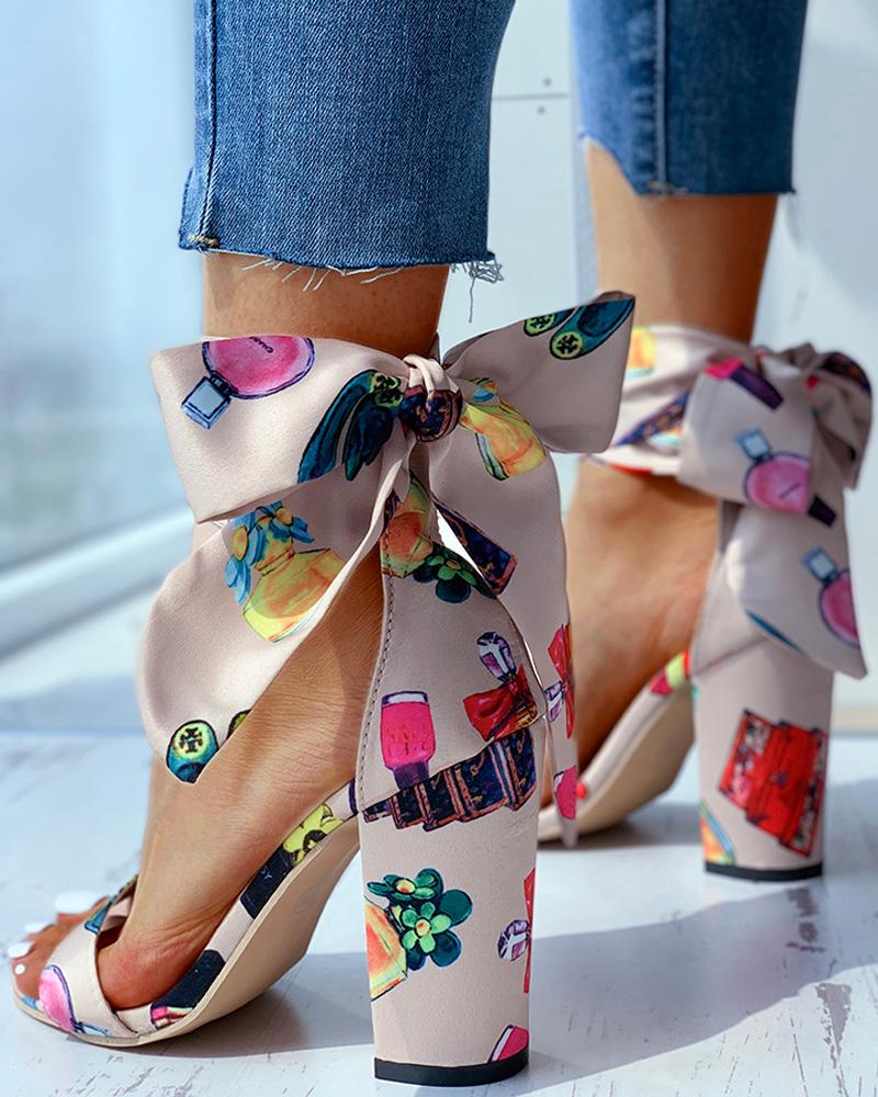 

Open Toe Print Bowknot Block Heels, Beige
