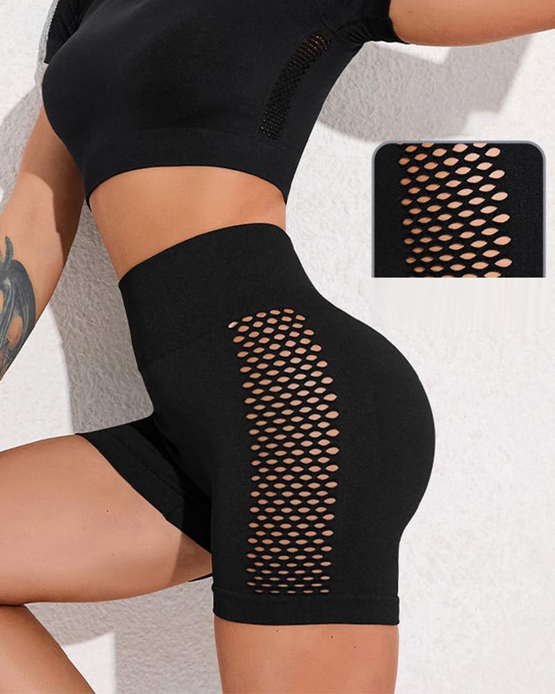 

High Waist Butt Lifting Tummy Control Hollow Out Active Shorts, Black