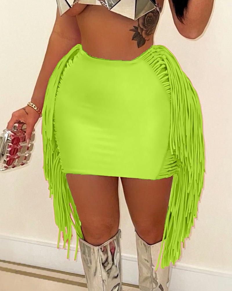 

Plain Tassel Trim Mini Skirt, Lvs green