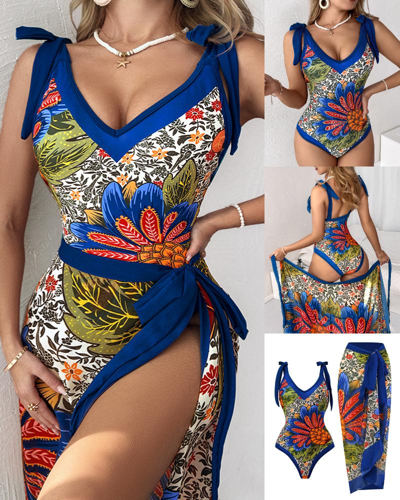 

Plants Pineapple Print One-Piece Swimsuit With Cover Up, Blue