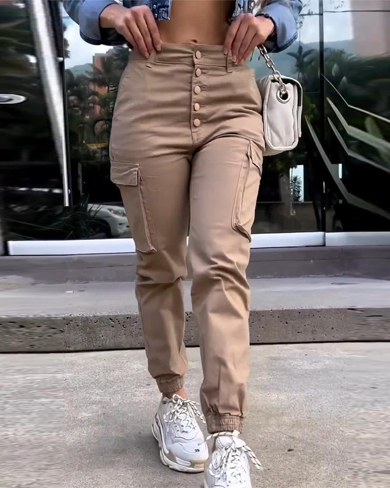 

Pocket Design Cuffed Cargo Pants, Khaki