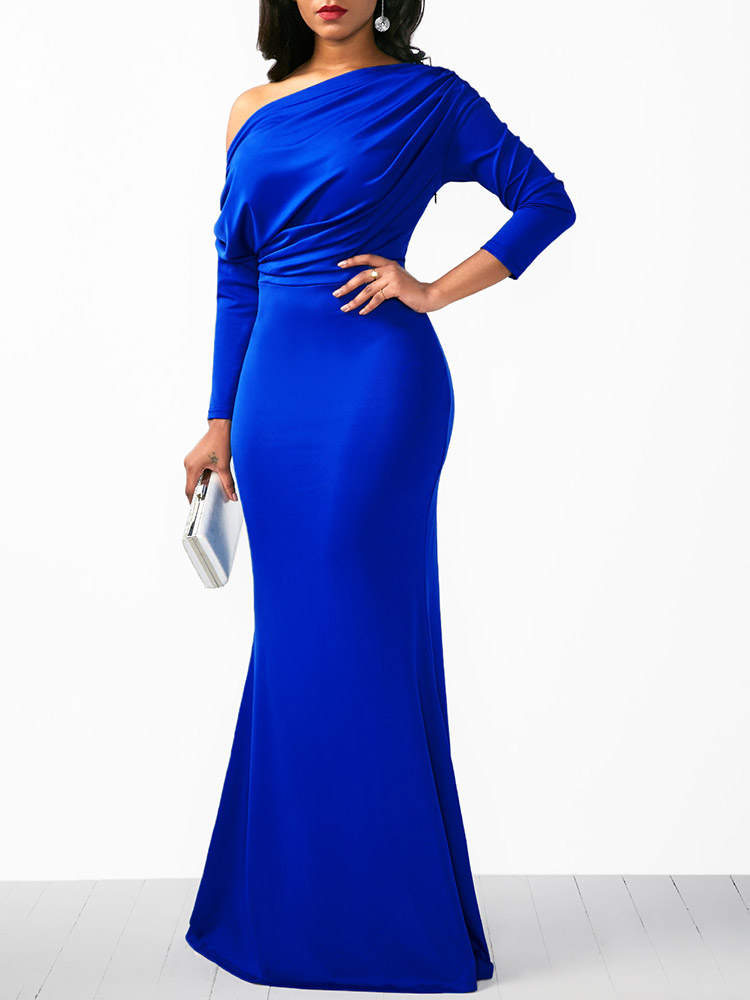 

Fashion Skew Neck Shirring Casual Maxi Dress, Blue