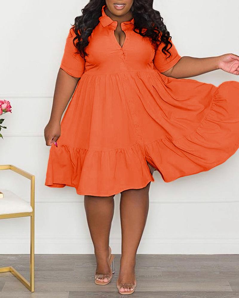 

Plus Size Ruffle Hem Button Front Flowy Shirt Dress, Orange