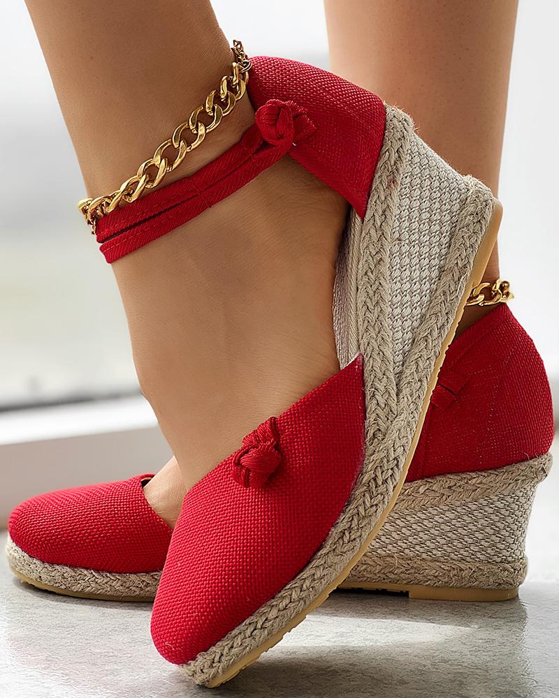 

Braided Espadrille Knot Button Ankle Strap Wedge Sandals, Red