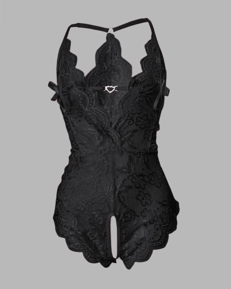 

Bowknot Decor Crotchless Halter Backless Teddy, Black