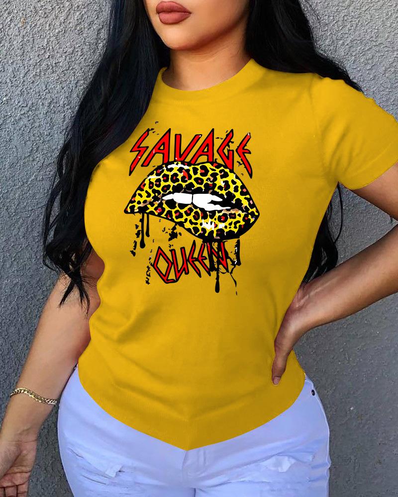 

Lip / Letter / Leopard Print O Neck T-Shirt, Yellow