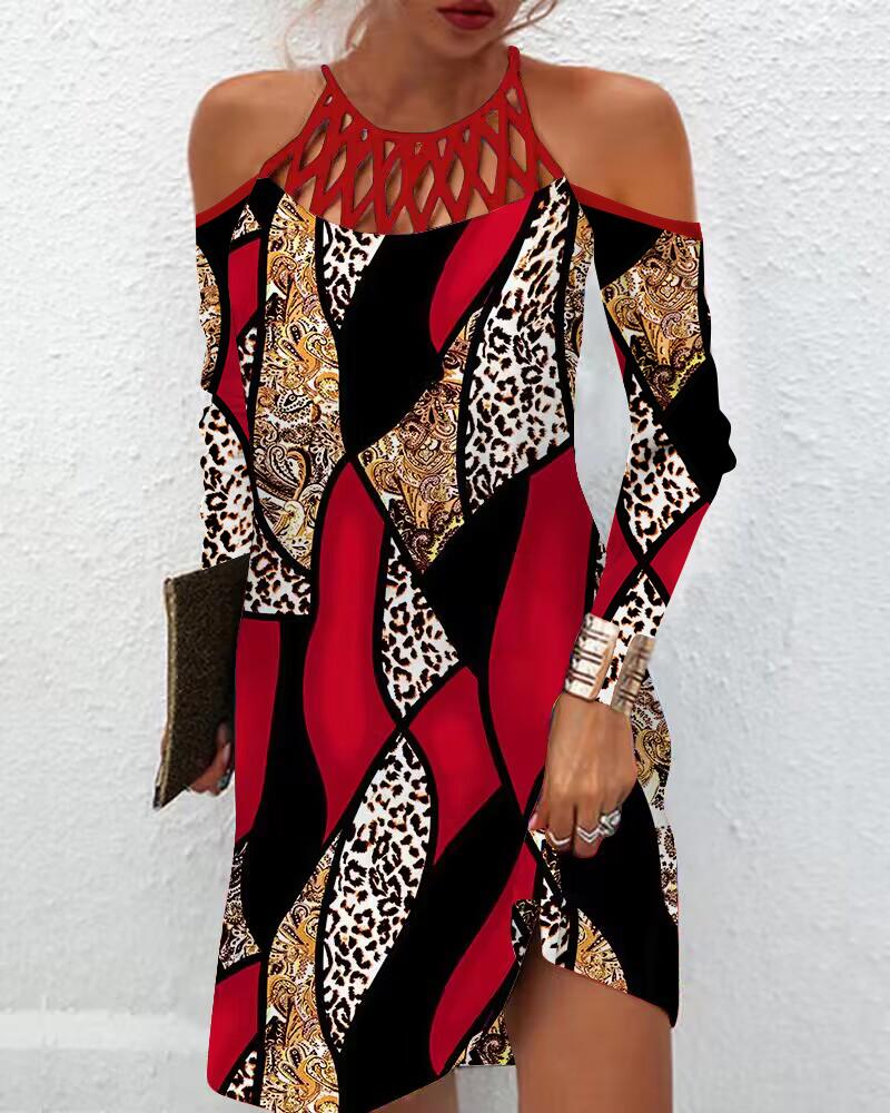 

Baroque Leopard Print Hollow Out Casual Dress, Red