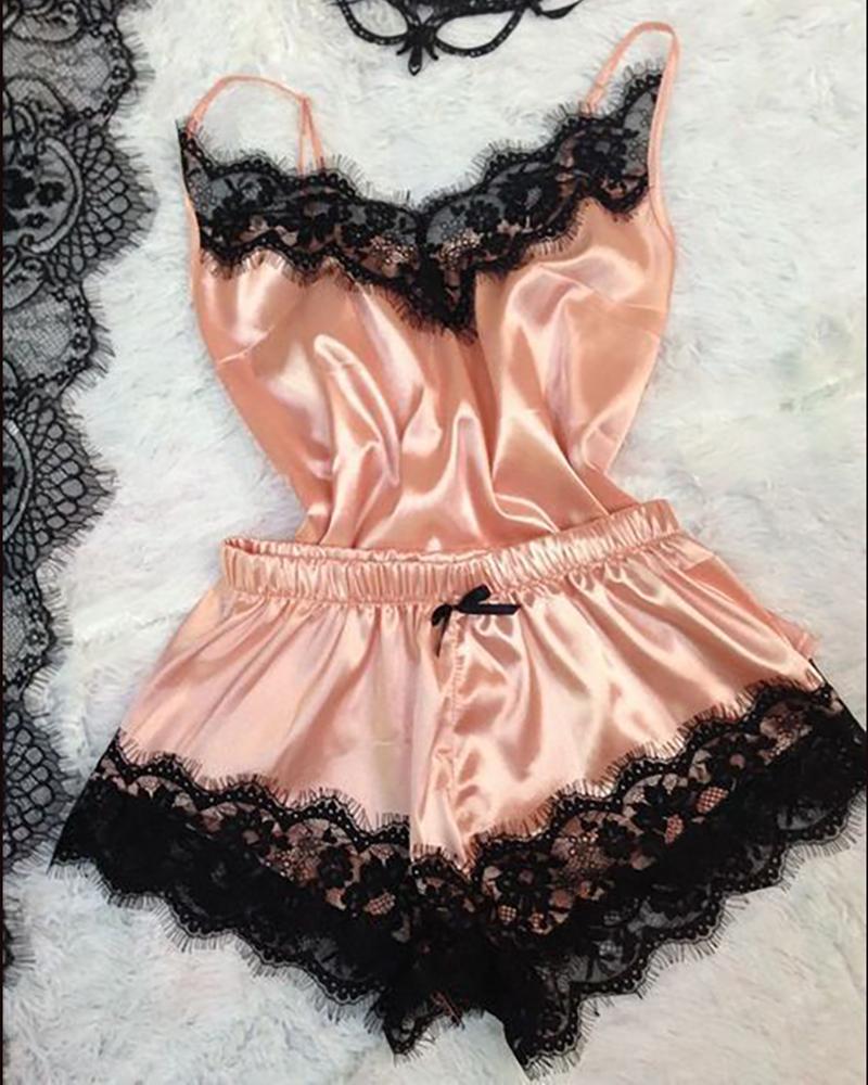 

Eyelash Lace Trim Satin Cami Set, Rose gold