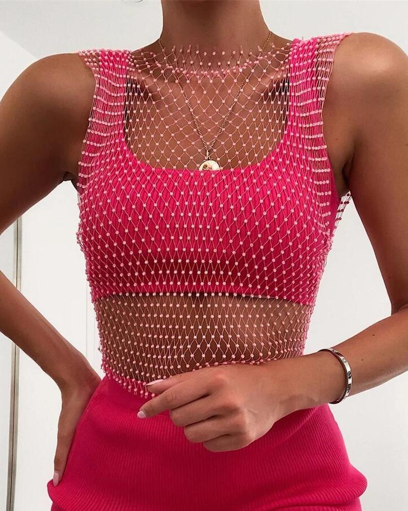 

Rhinestone Decor Fishnet Crop Top, Pink