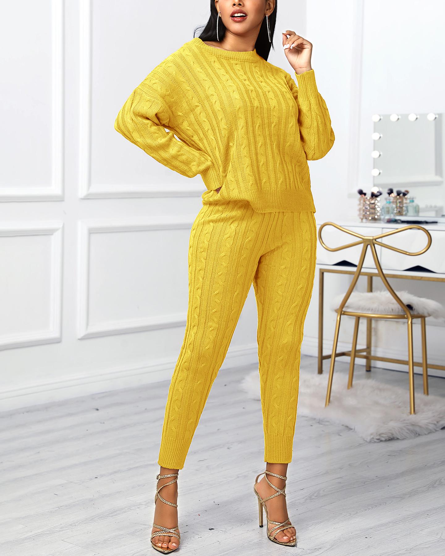 

Solid Ribbed Knitting Casual Sweater & Pants Sets, Yellow