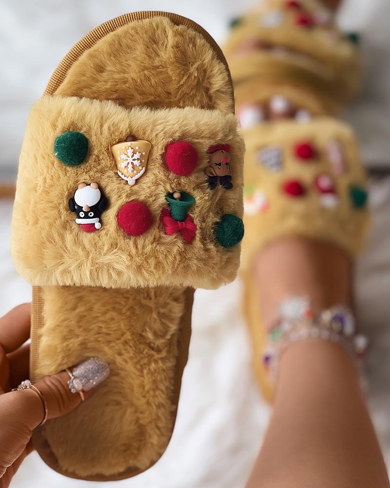 

Christmas Tree Snowman Cartoon Fuzzy Slippers, Yellow