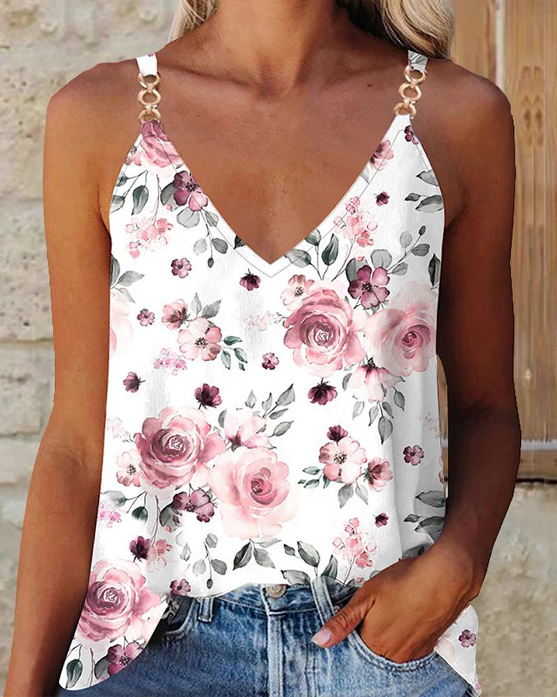 

Floral Print Chain Strap Casual Top, White