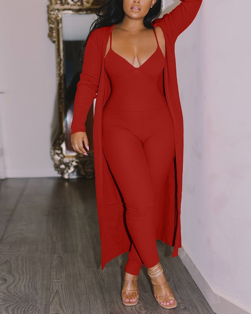 

Spaghetti Strap Ribbed Jumpsuit With Longline Cardigan, Red