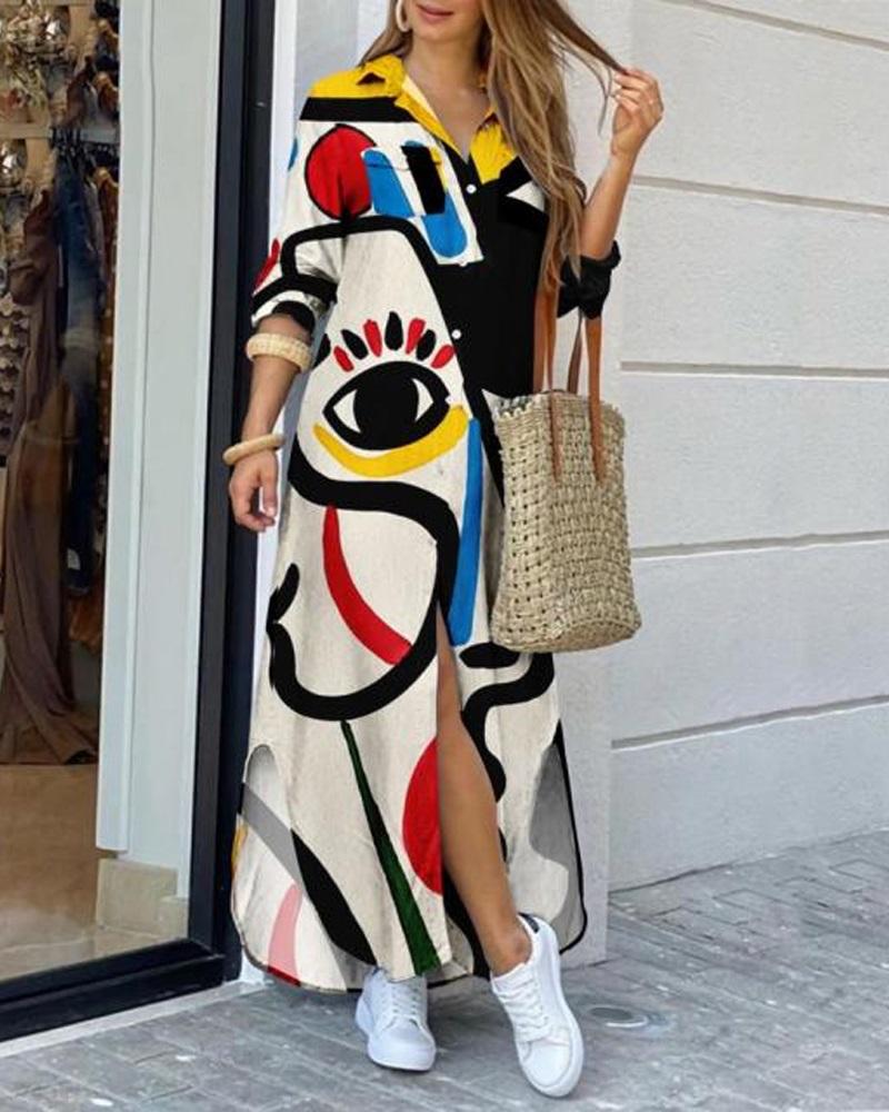 

Abstract Figure Print Curved Hem Shirt Dress, Beige