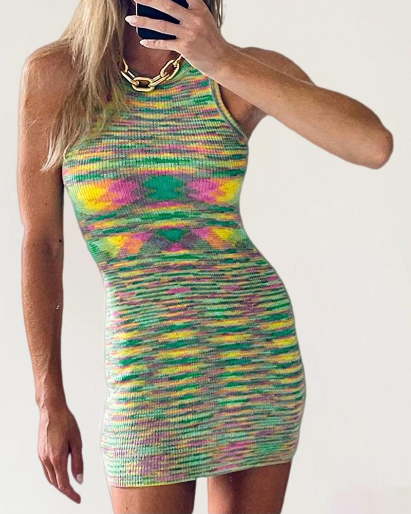 

Round Neck Tie Dye Print Colorblock Ribbed Knit Bodycon Tank Cover Up Dress, Green