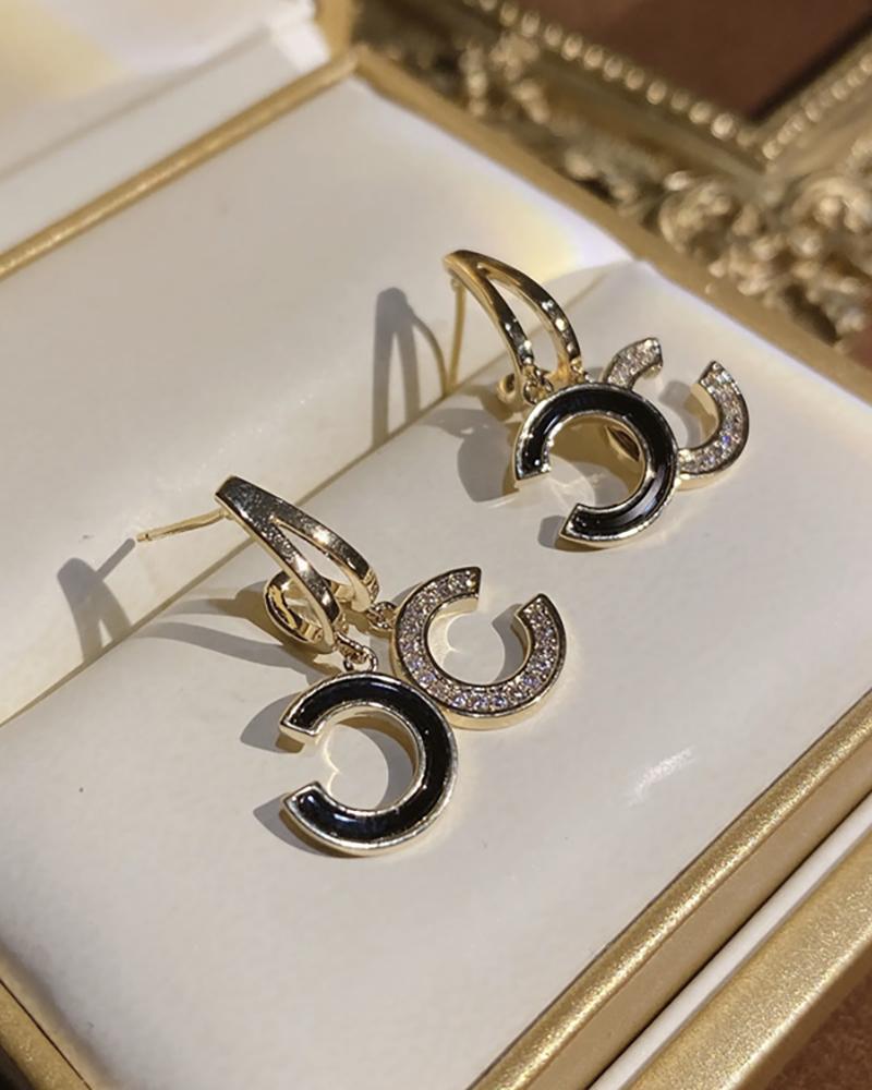 

Double C Rhinestone Hoop Earrings, Black