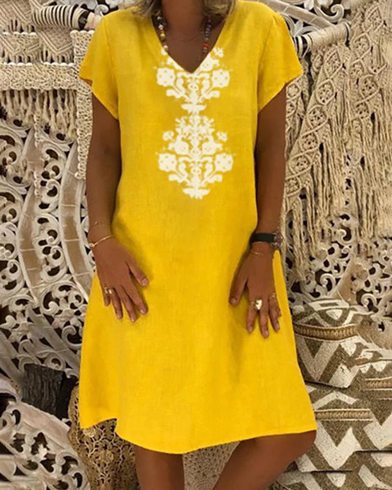 

Retro Print Short Sleeve Casual Dress, Yellow