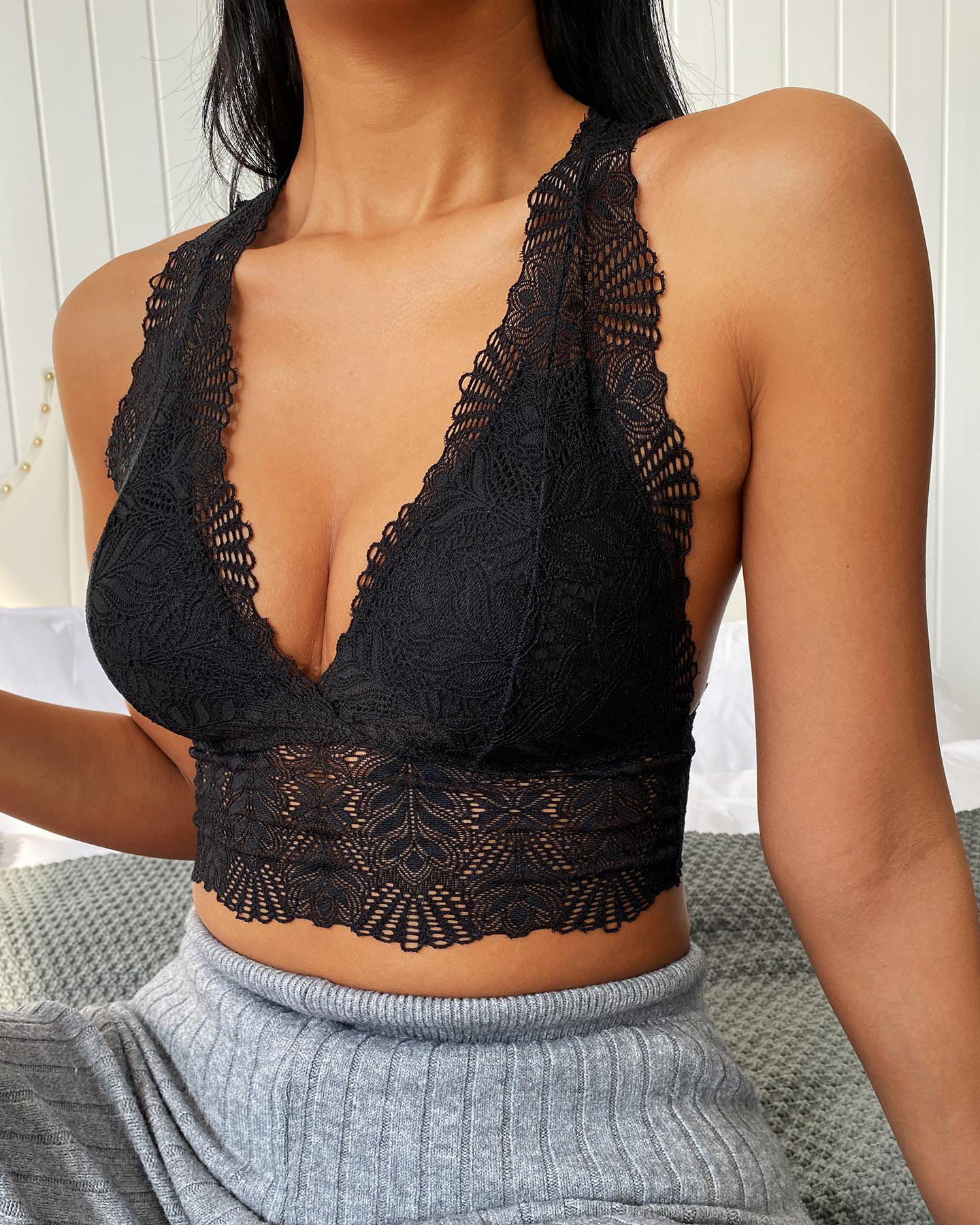 

Backless Plunge Lace Crop Tank, Black