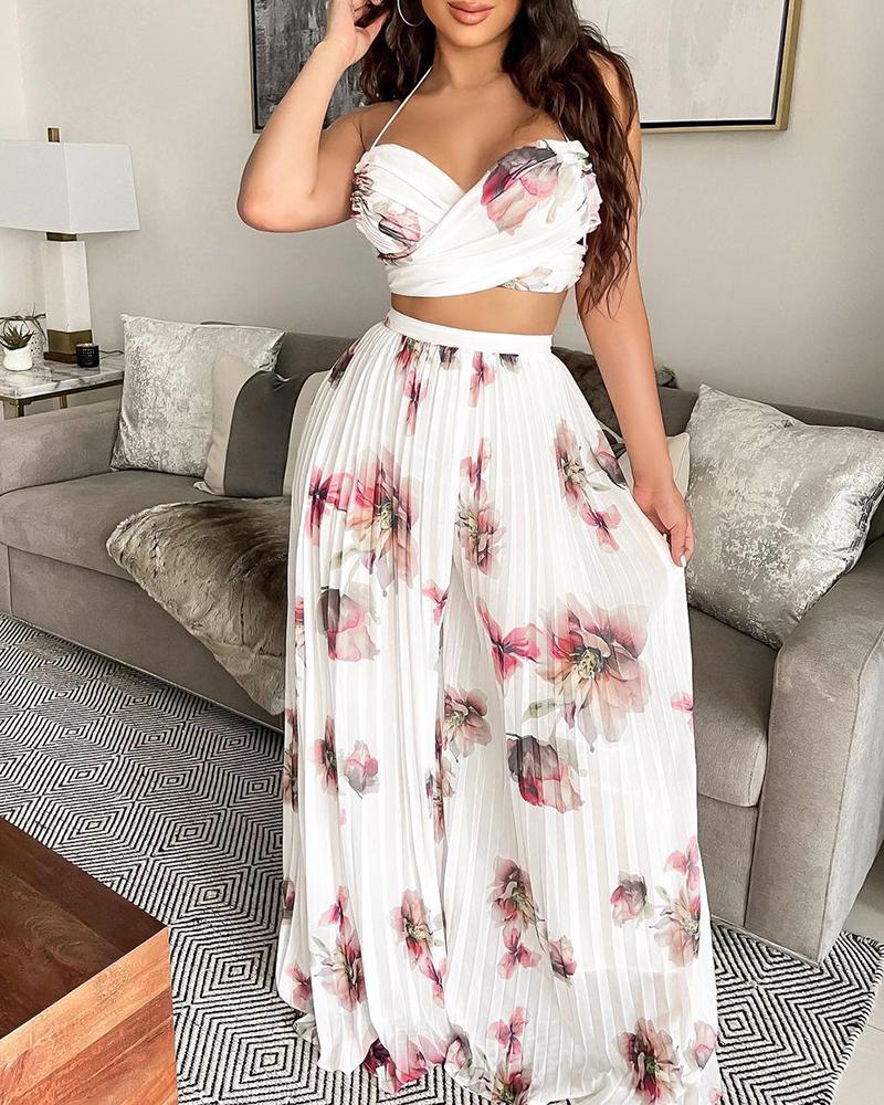 

Floral Print Halter Crop Top & Wide Leg Pleated Pants Set, White